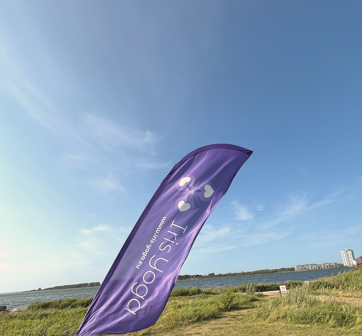 Iris Yoga-flag ved vandet n&aelig;r Friluftsbadet Aalborg